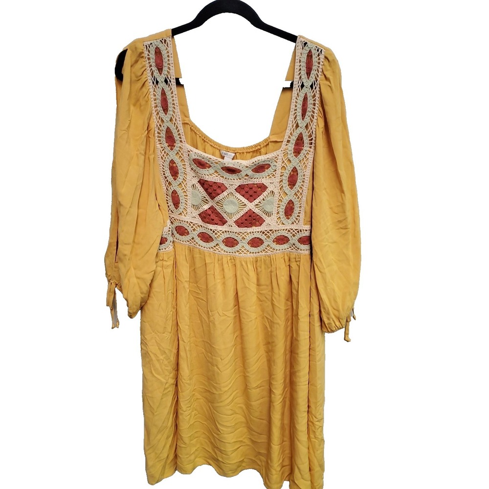 Cato‎ Plus Size 18/20 Yellow Boho Knee Length Dress Crochet Accents pocket